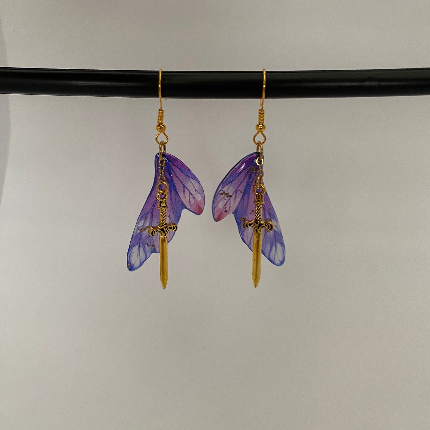 Fantasy Wing and Sword Purple Earrings