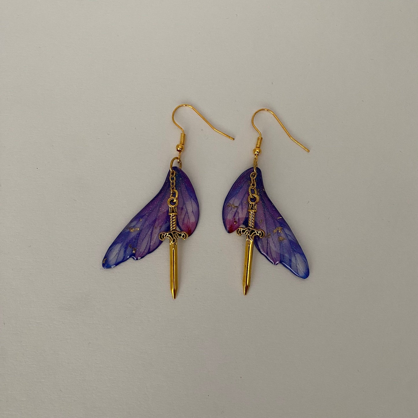 Fantasy Wing and Sword Purple Earrings