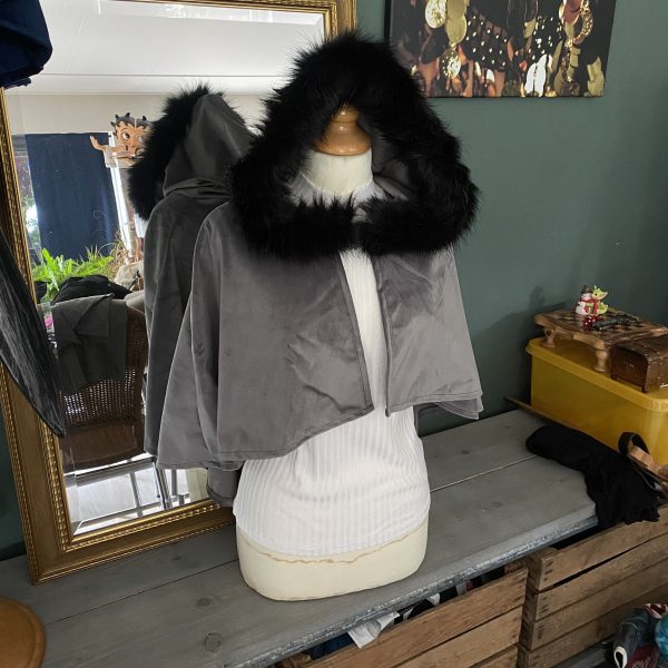Grey Velvet Fantasy Cape with Faux Fur